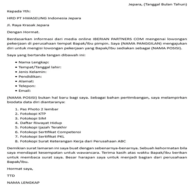 contoh surat lamaran kerja pt hwi jepara